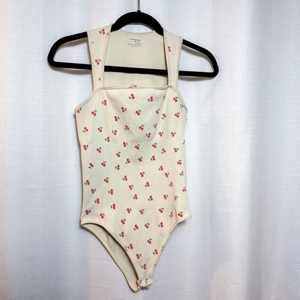 OQQ Cream Cherry Print Ribbed Fitted Bodysuit Size Medium